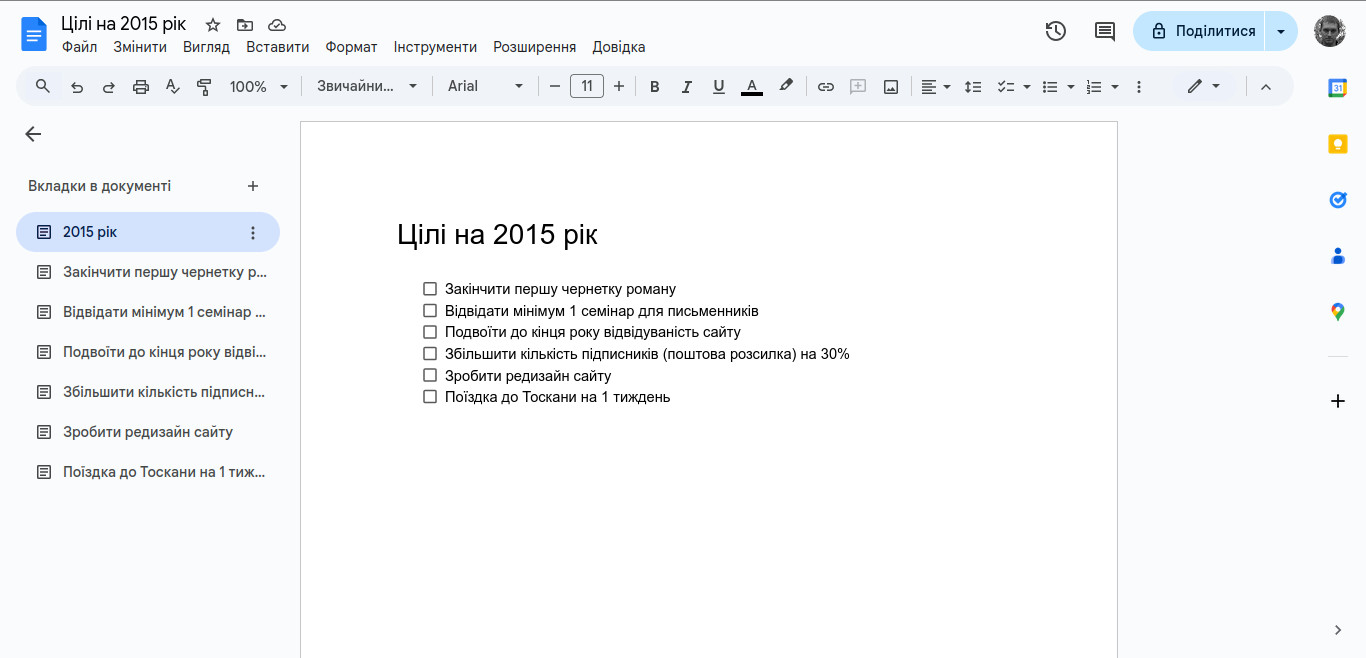 Документ з цілями на рік